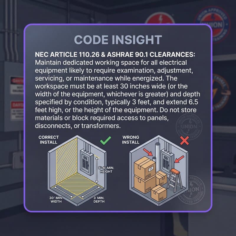 Code Insight — NEC Article 110.26 clearance requirements with correct vs incorrect installation diagrams